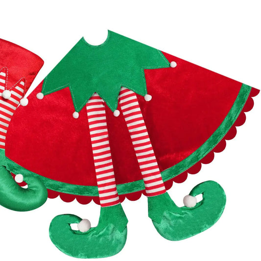 Cute Red Elf Leg Tree Skirt for Christmas Decor.