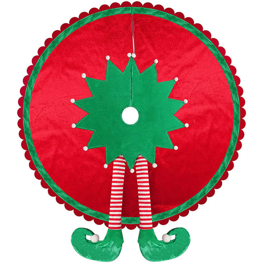 Cute Red Elf Leg Tree Skirt for Christmas Decor.