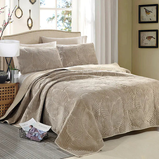Cotton Milk Velvet Bed Cover Set with Quilted Design.
